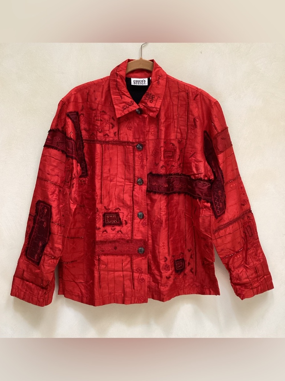 Chico's NWT Silk Red Embroidered Beaded Patchwork Button Easy Jacket Shirt